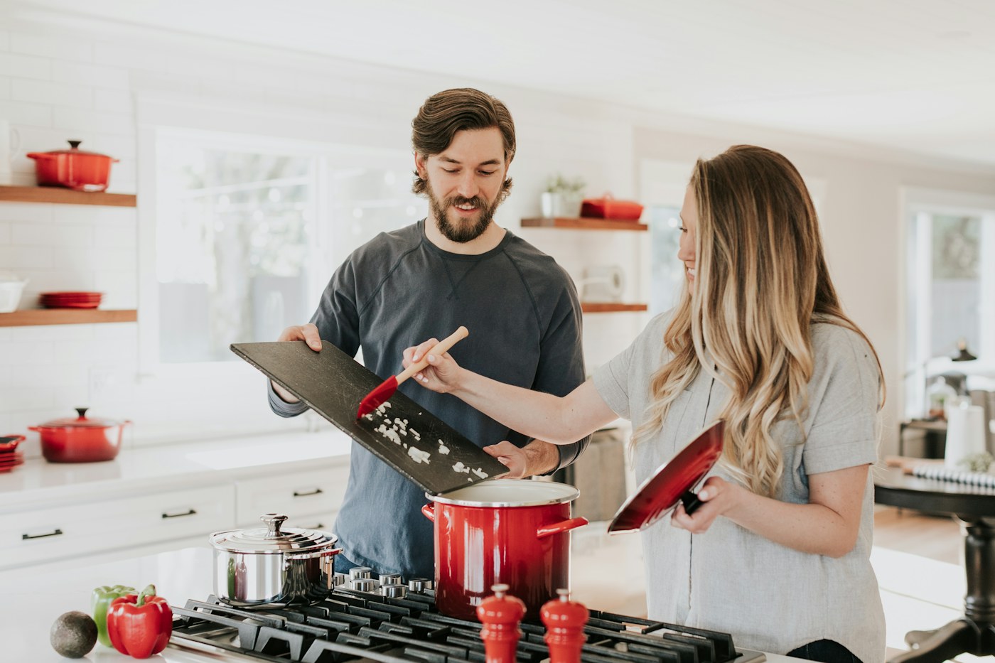 Cookware arranged in a working kitchen