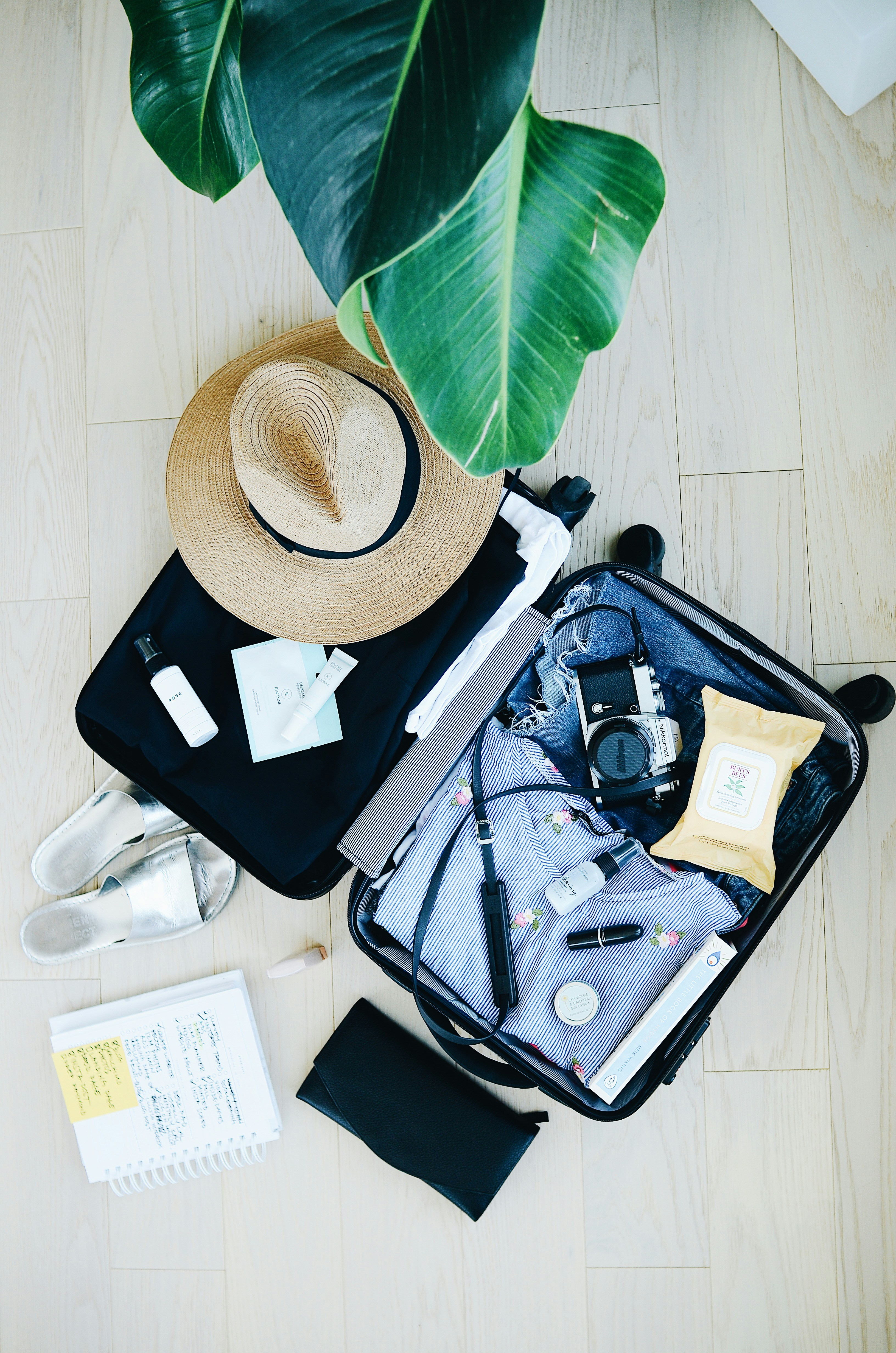 Organized open suitcase with travel essentials